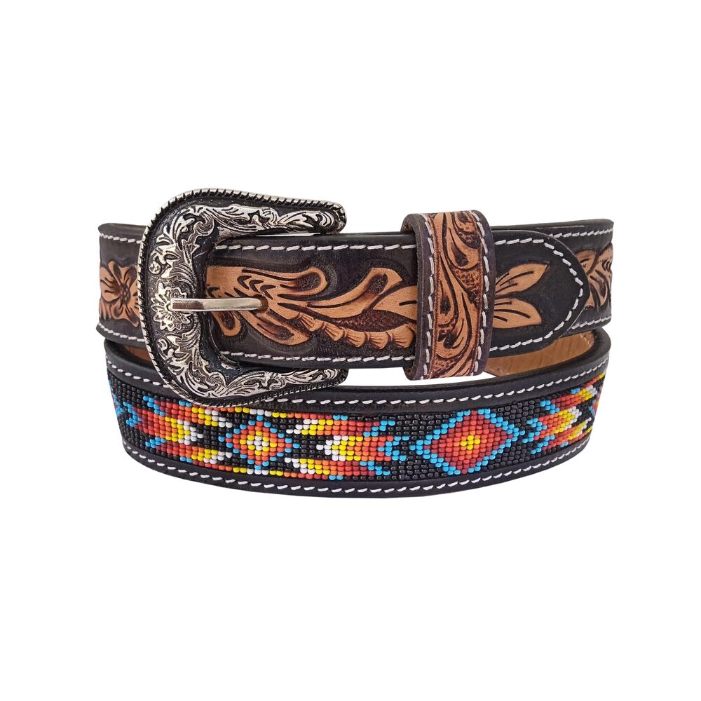 3626 Western Beaded Belts For Young Adults Tooled Leather Heavy Duty - Picture 2 of 7